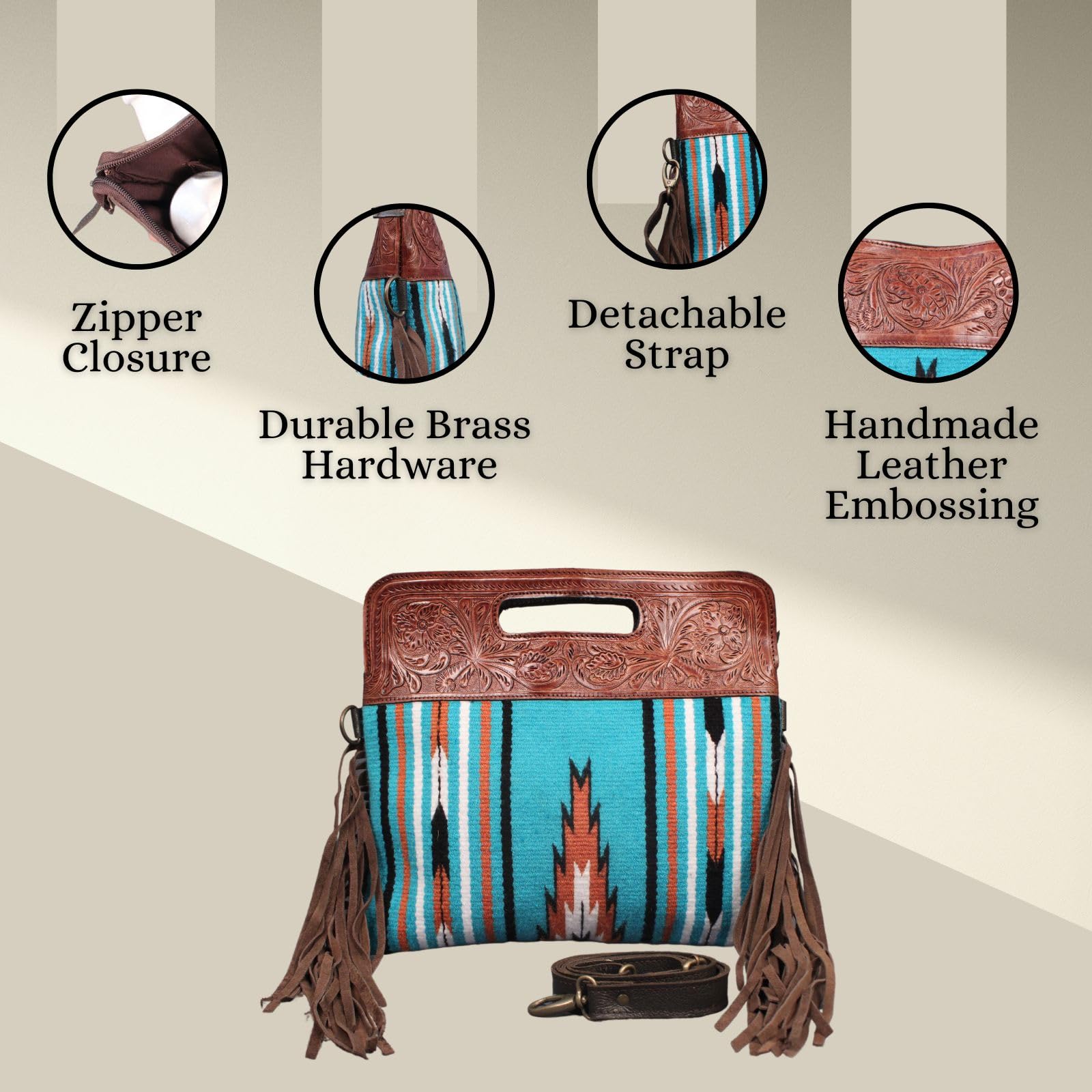 Madosh, Western Style Tote Bag for Women Bohomian Turquoise Aztec Embossed Crossbody Purse Saddle Slingbag